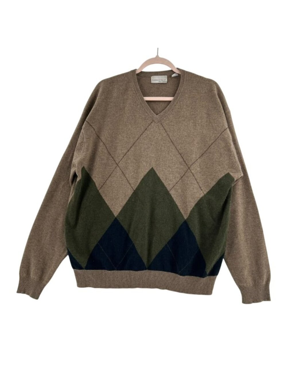 American Blue Pure Cashmere Sweater Mens XL Geometric Pattern V-Neck Long Sleeve